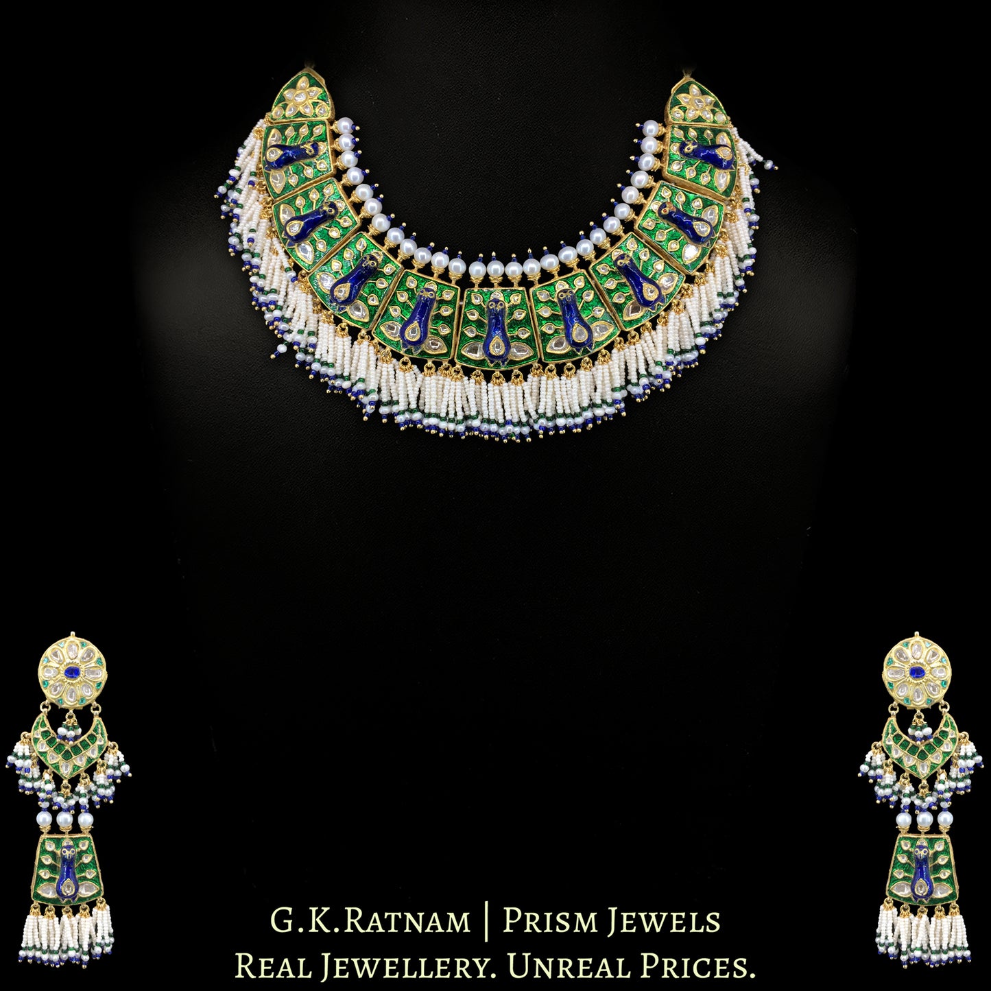 23k Gold and Diamond Polki Necklace Set with Peacock Motifs in Meenakari