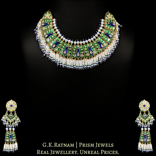 23k Gold and Diamond Polki Necklace Set with Peacock Motifs in Meenakari