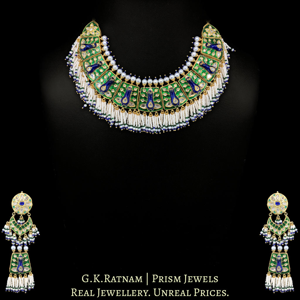 23k Gold and Diamond Polki Necklace Set with Peacock Motifs in Meenakari