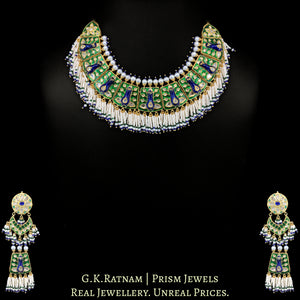 23k Gold and Diamond Polki Necklace Set with Peacock Motifs in Meenakari