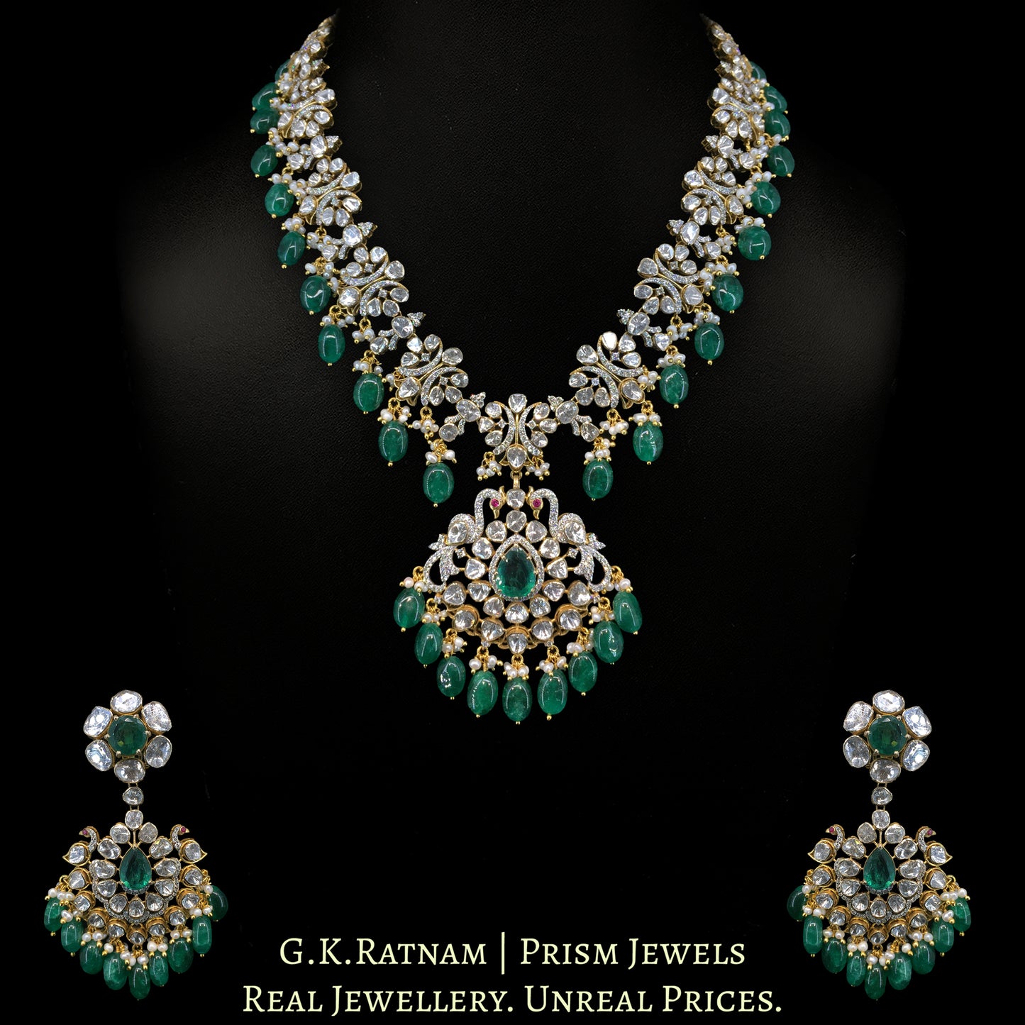 14K Gold And Diamond Polki Open Setting Long Necklace Set With Labgrown Emerald And Strawberry Quartz - G. K. Ratnam