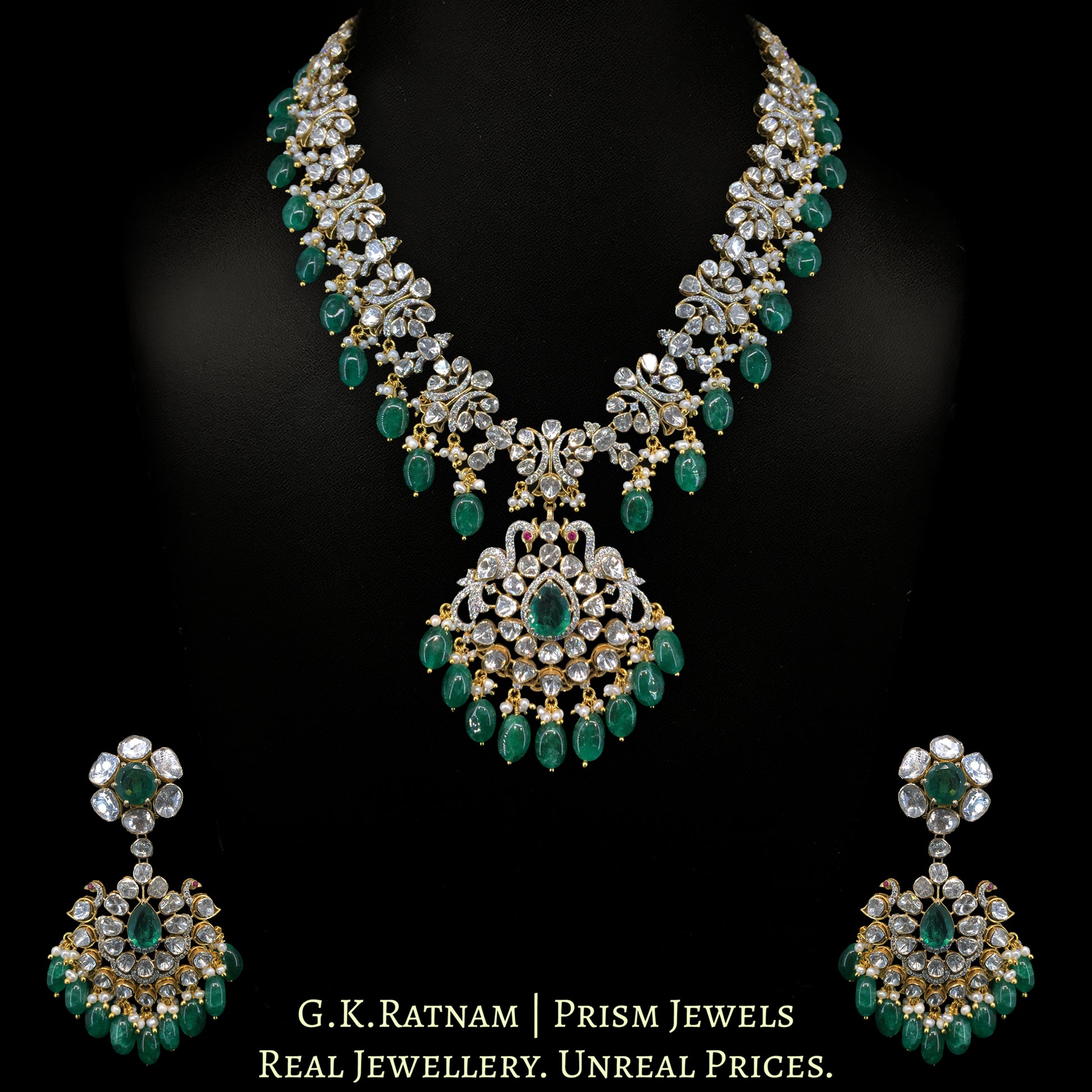 14K Gold And Diamond Polki Open Setting Long Necklace Set With Labgrown Emerald And Strawberry Quartz - G. K. Ratnam