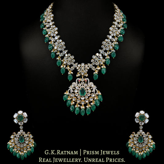 14K Gold And Diamond Polki Open Setting Long Necklace Set With Labgrown Emerald And Strawberry Quartz - G. K. Ratnam