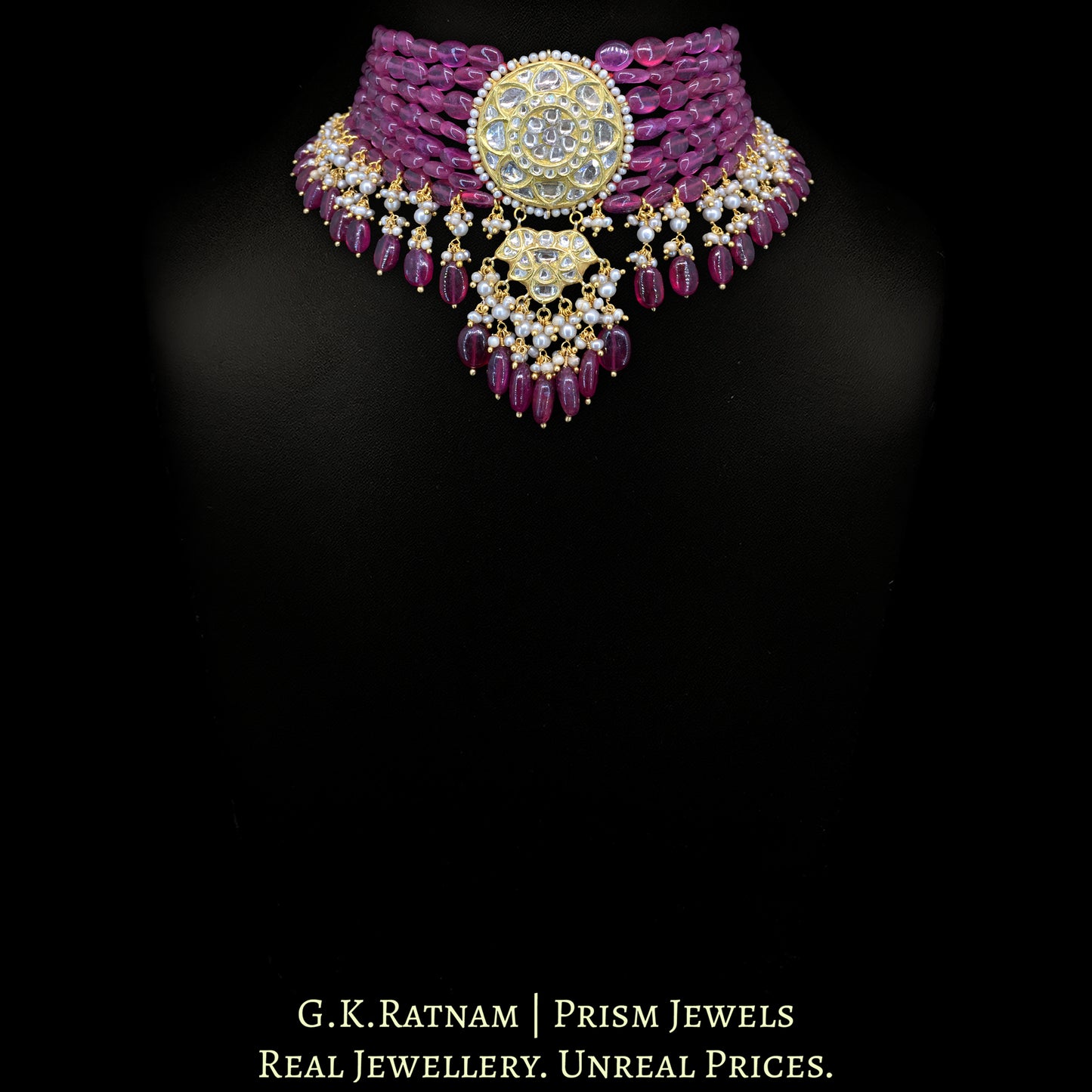 23k Gold and Diamond Polki Choker Necklace Set with Natural (glass-filled) Rubies