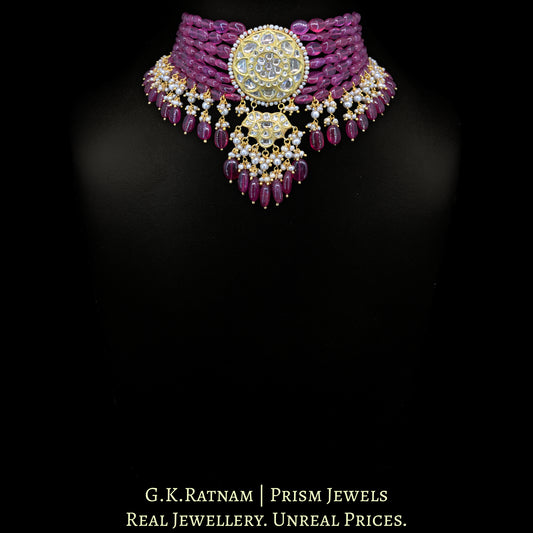 23k Gold and Diamond Polki Choker Necklace Set with Natural (glass-filled) Rubies