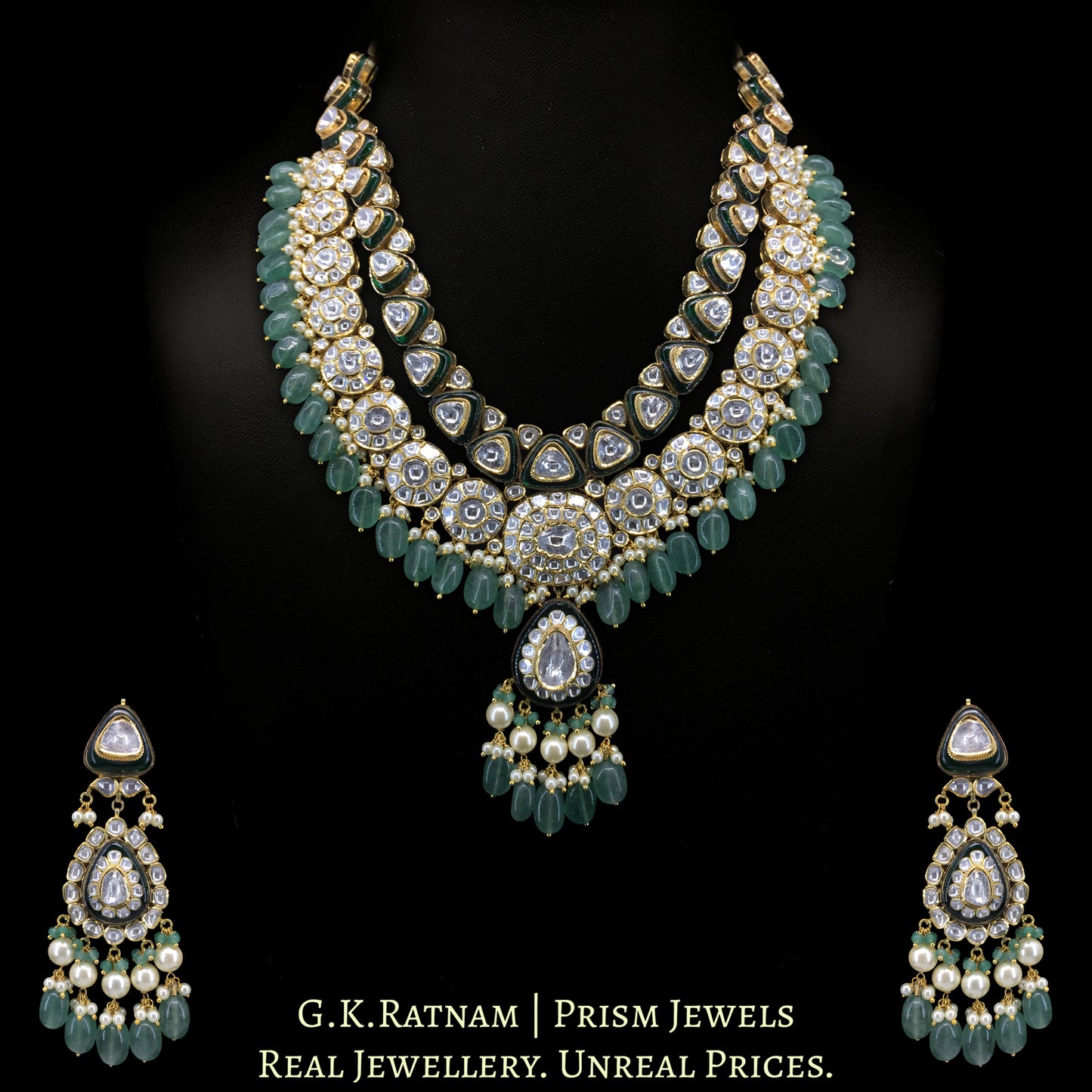 14k Gold and Diamond Polki Long Necklace Set enhanced with Strawberry Quartz