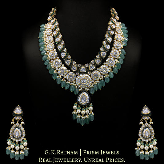14k Gold and Diamond Polki Long Necklace Set enhanced with Strawberry Quartz - G. K. Ratnam