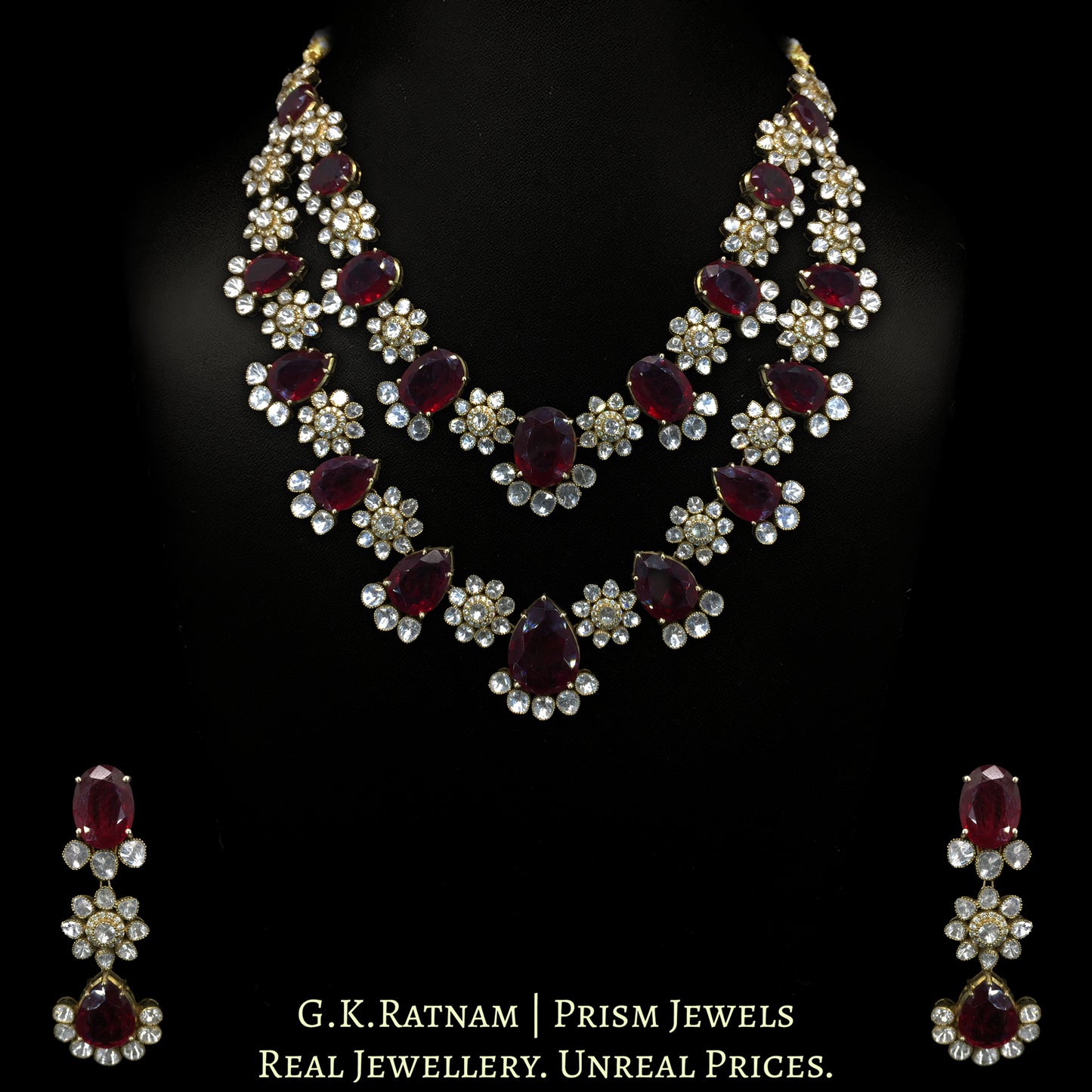 14K Gold And Diamond Polki Rubies Necklace Set With Lab Grown Rubies - G. K. Ratnam