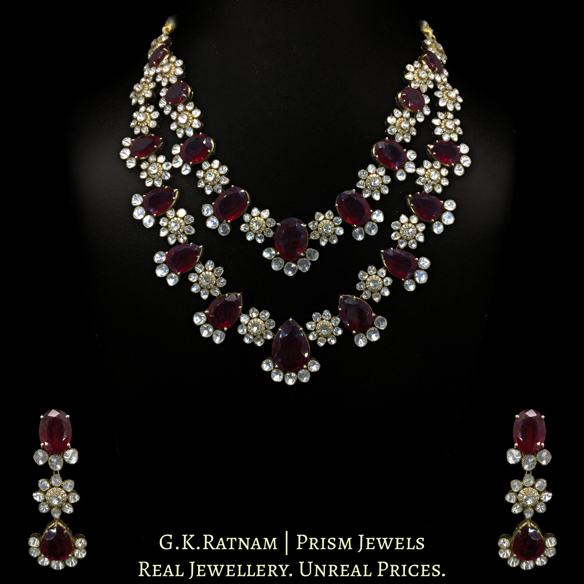 14K Gold And Diamond Polki Rubies Necklace Set With Lab Grown Rubies - G. K. Ratnam