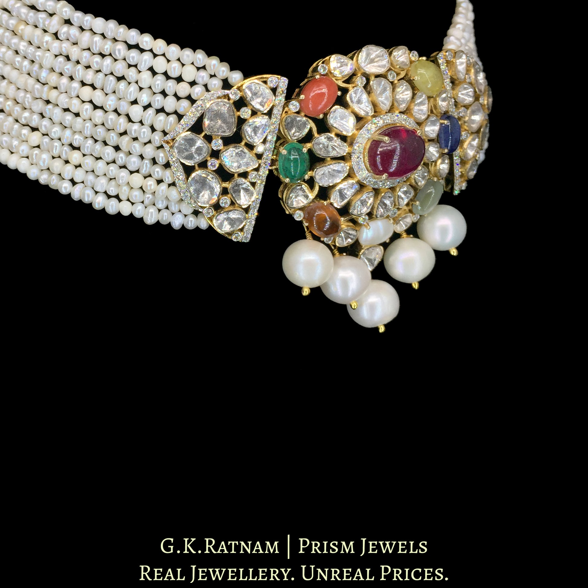 14K Gold And Diamond Polki Open Setting Choker Necklace Set With Pearls - G. K. Ratnam