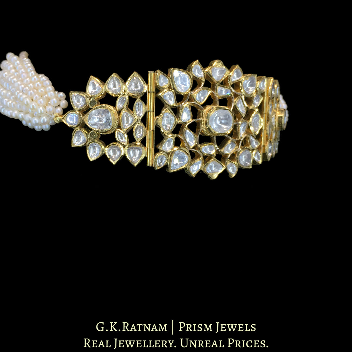 18k Gold and Diamond Polki Choker Necklace with Natural Freshwater Pearls