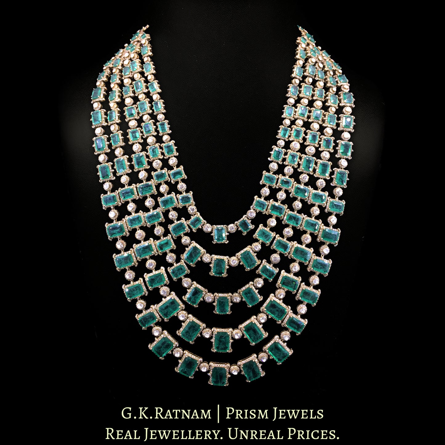 14k Gold and Diamond Polki Open Setting long five-row Necklace with Lab Grown Emeralds