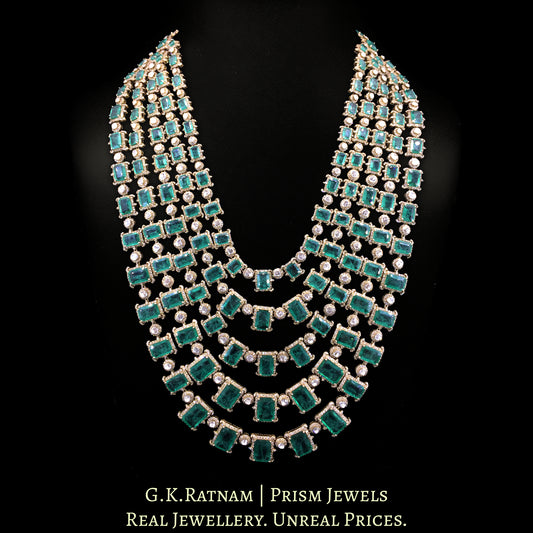14k Gold and Diamond Polki Open Setting long five-row Necklace with Lab Grown Emeralds
