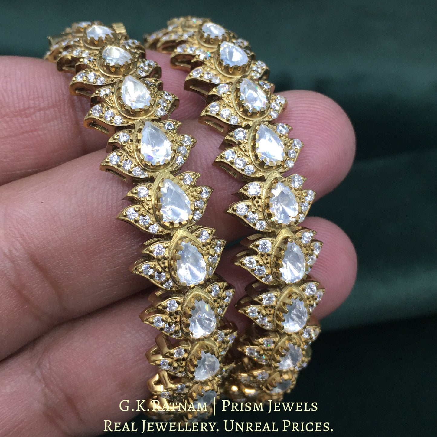 925 Silver Moissanites Polki Bangle Pair With Antique Finish - G. K. Ratnam