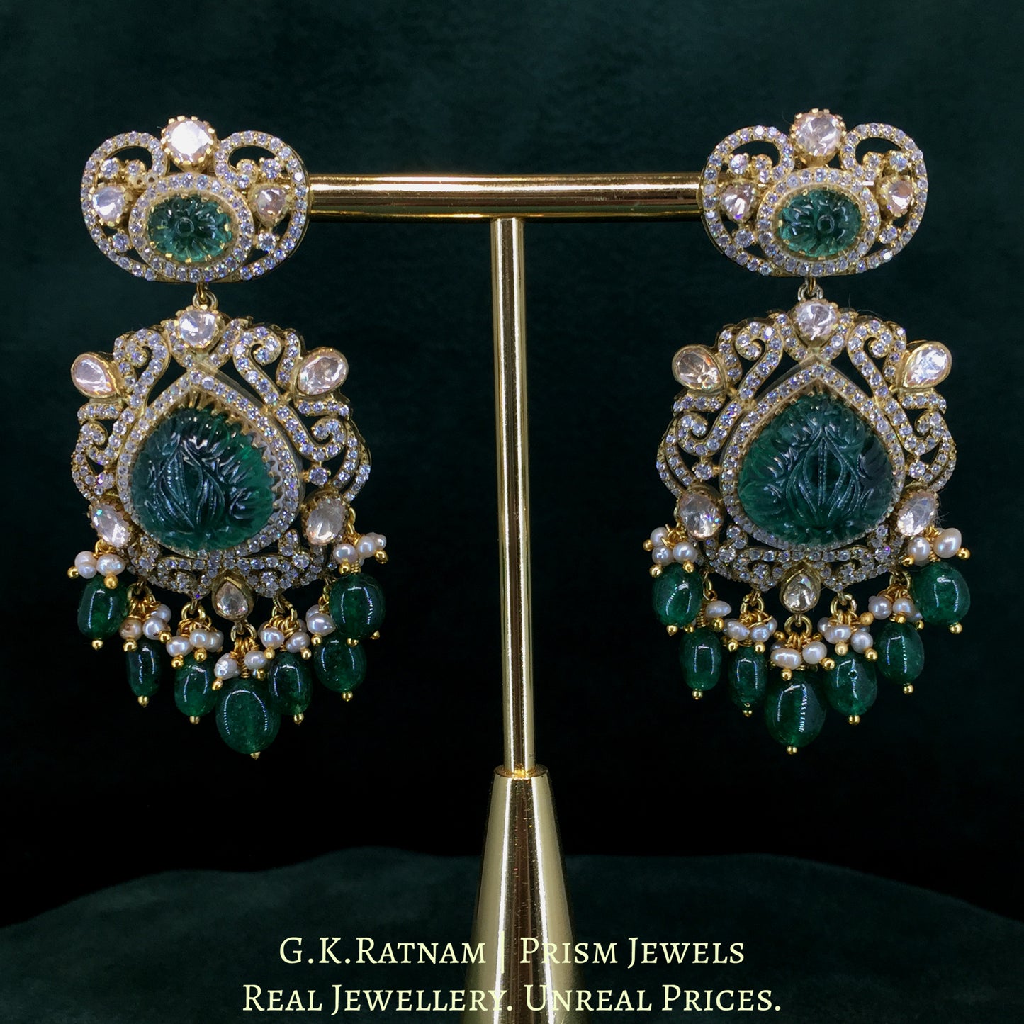 925 Silver Moissanite Polki Pendant Set With Lab-grown Emeralds And Strung In Pearls - G. K. Ratnam