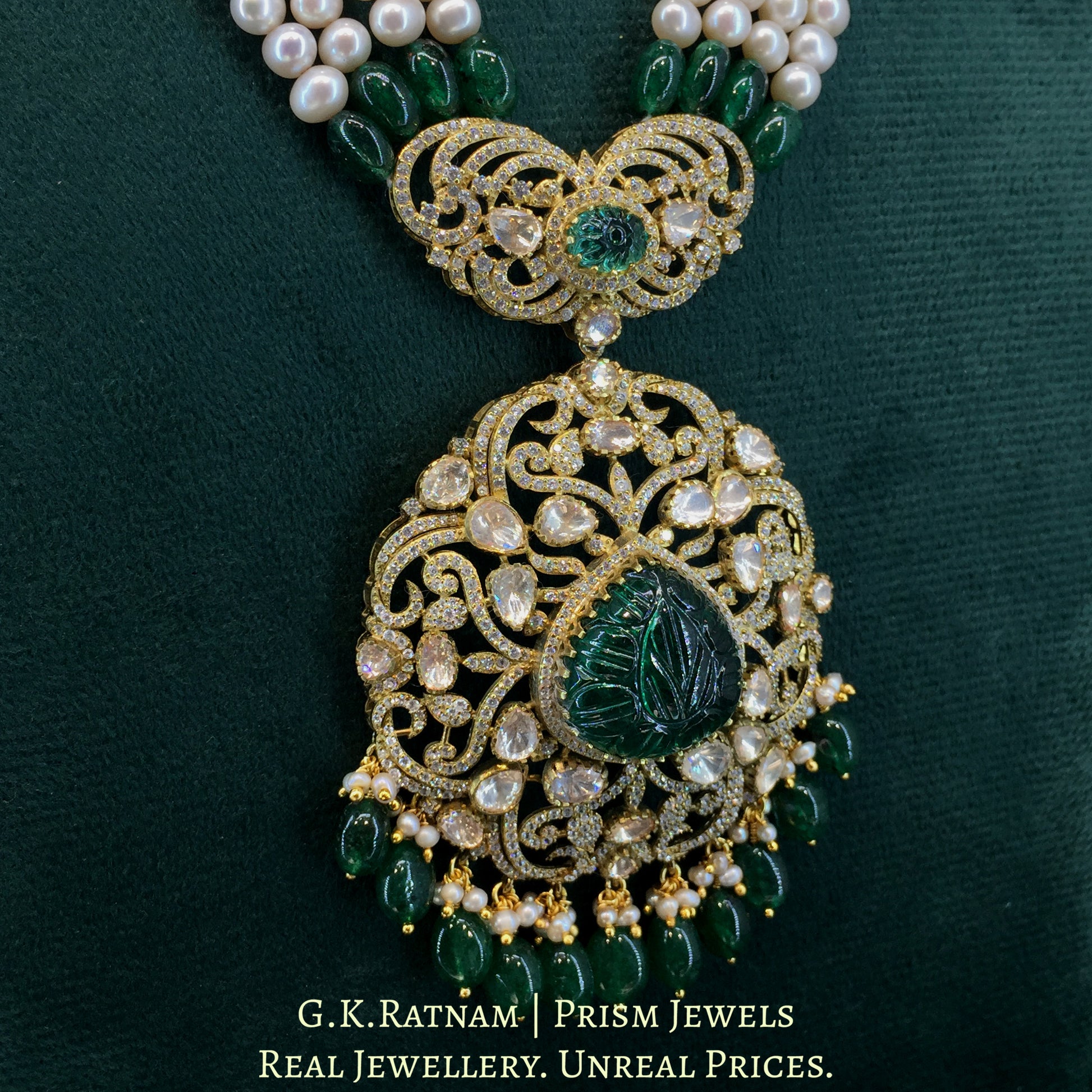 925 Silver Moissanite Polki Pendant Set With Lab-grown Emeralds And Strung In Pearls - G. K. Ratnam