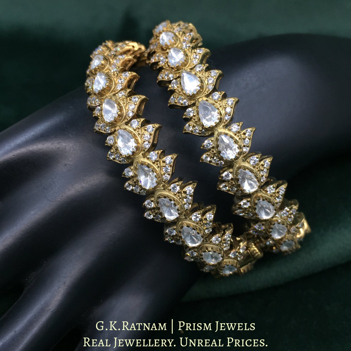 925 Silver Moissanites Polki Bangle Pair With Antique Finish - G. K. Ratnam