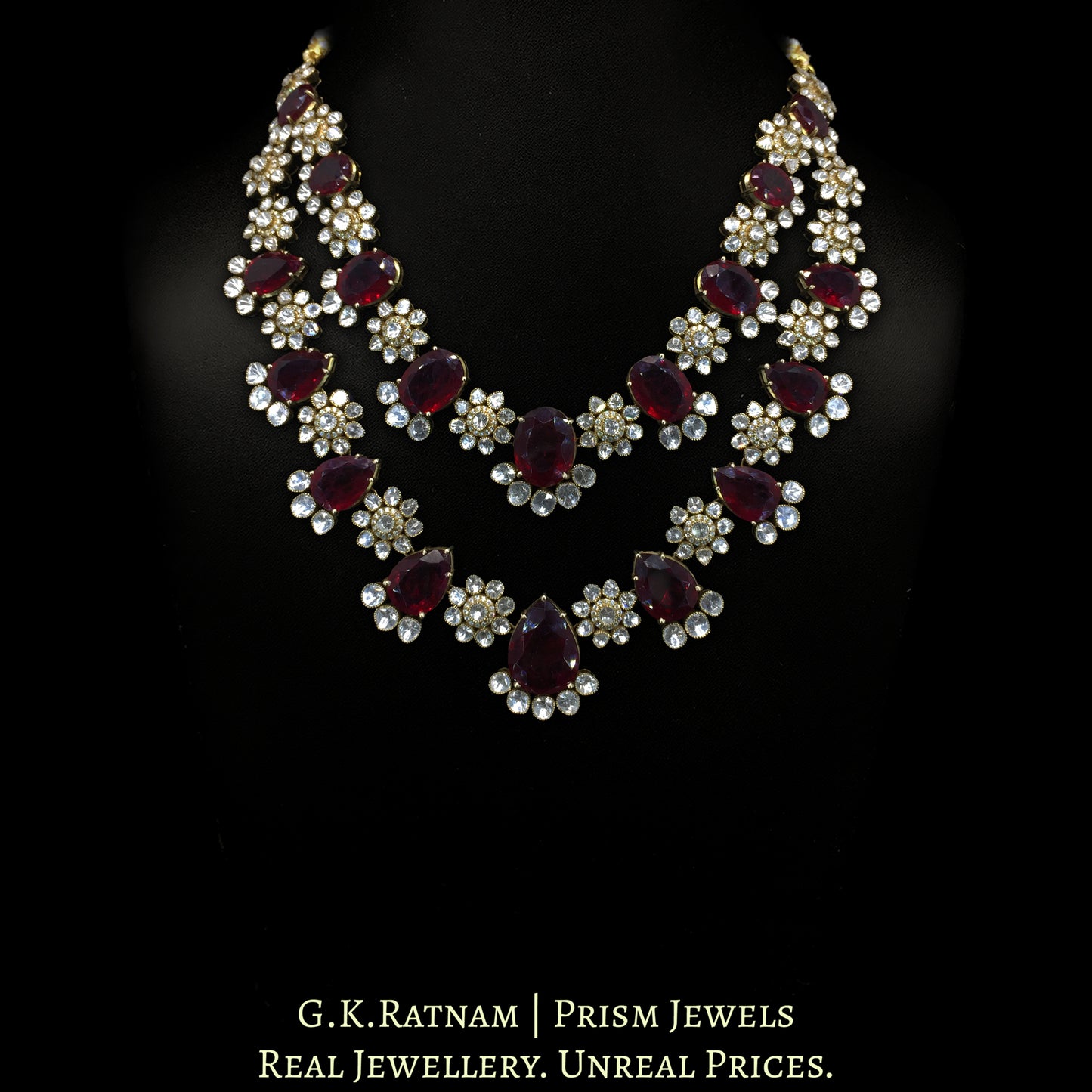 14K Gold And Diamond Polki Rubies Necklace Set With Lab Grown Rubies - G. K. Ratnam