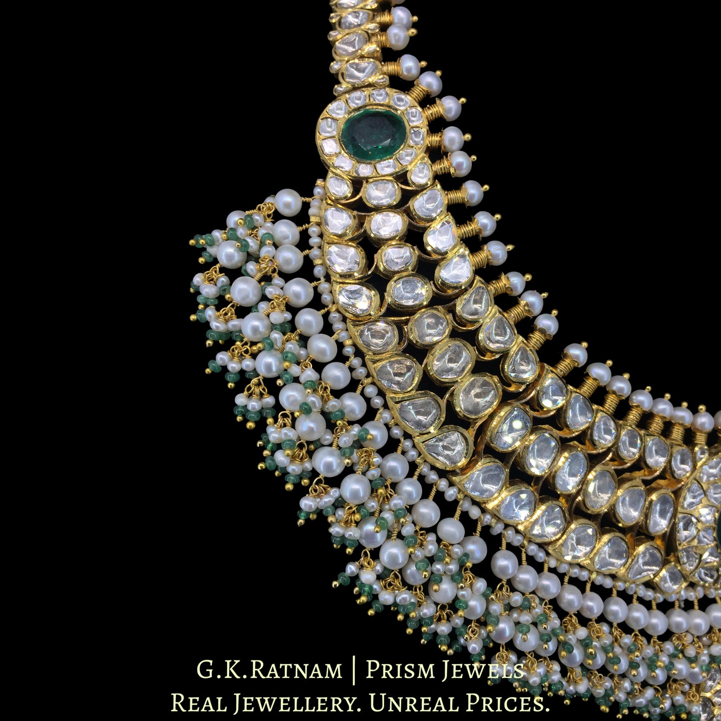 22K Gold And Diamond Polki Necklace With Pearls And Green Stone - G. K. Ratnam