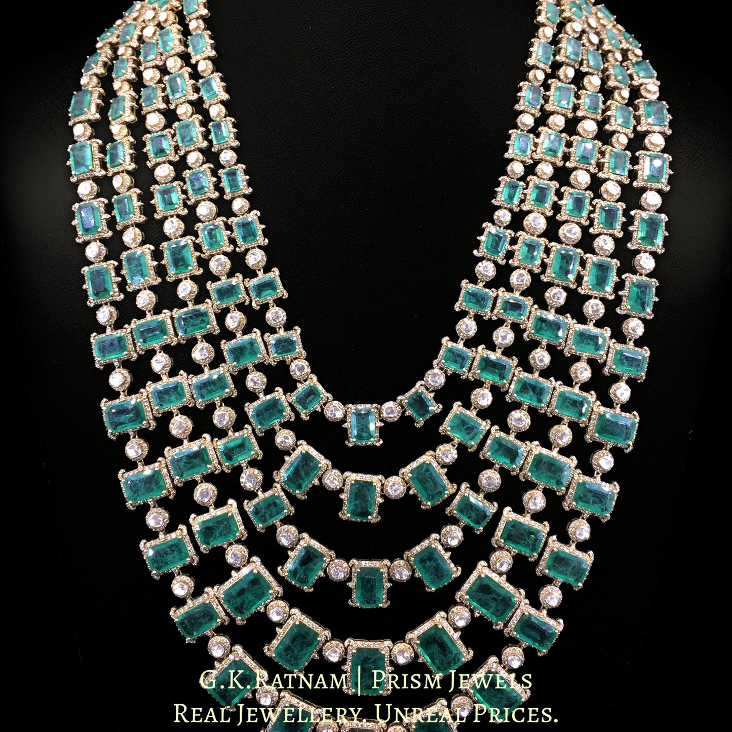 14k Gold and Diamond Polki Open Setting long five-row Necklace with Lab Grown Emeralds