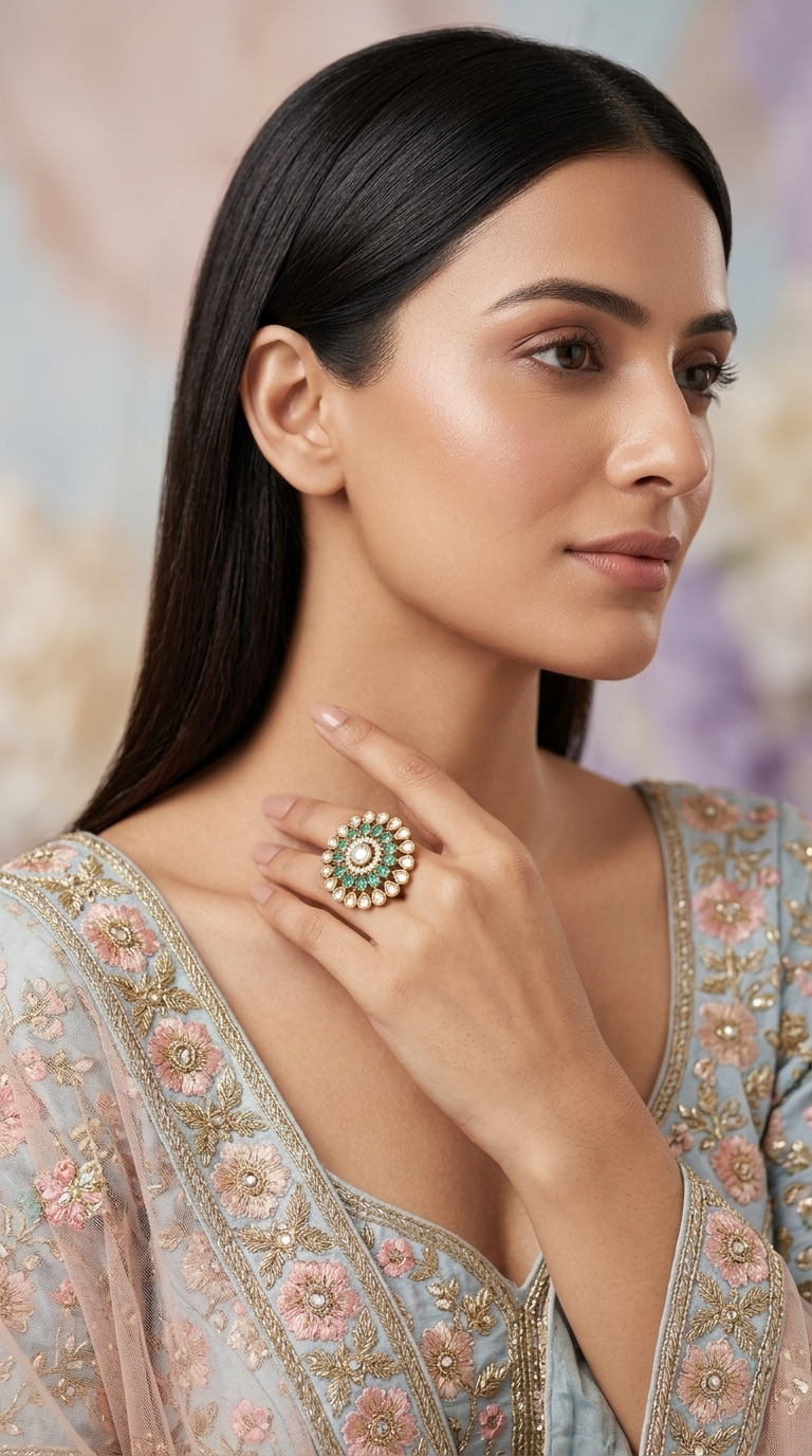 925 Silver victorian-finish Ring with Lab Grown Emeralds