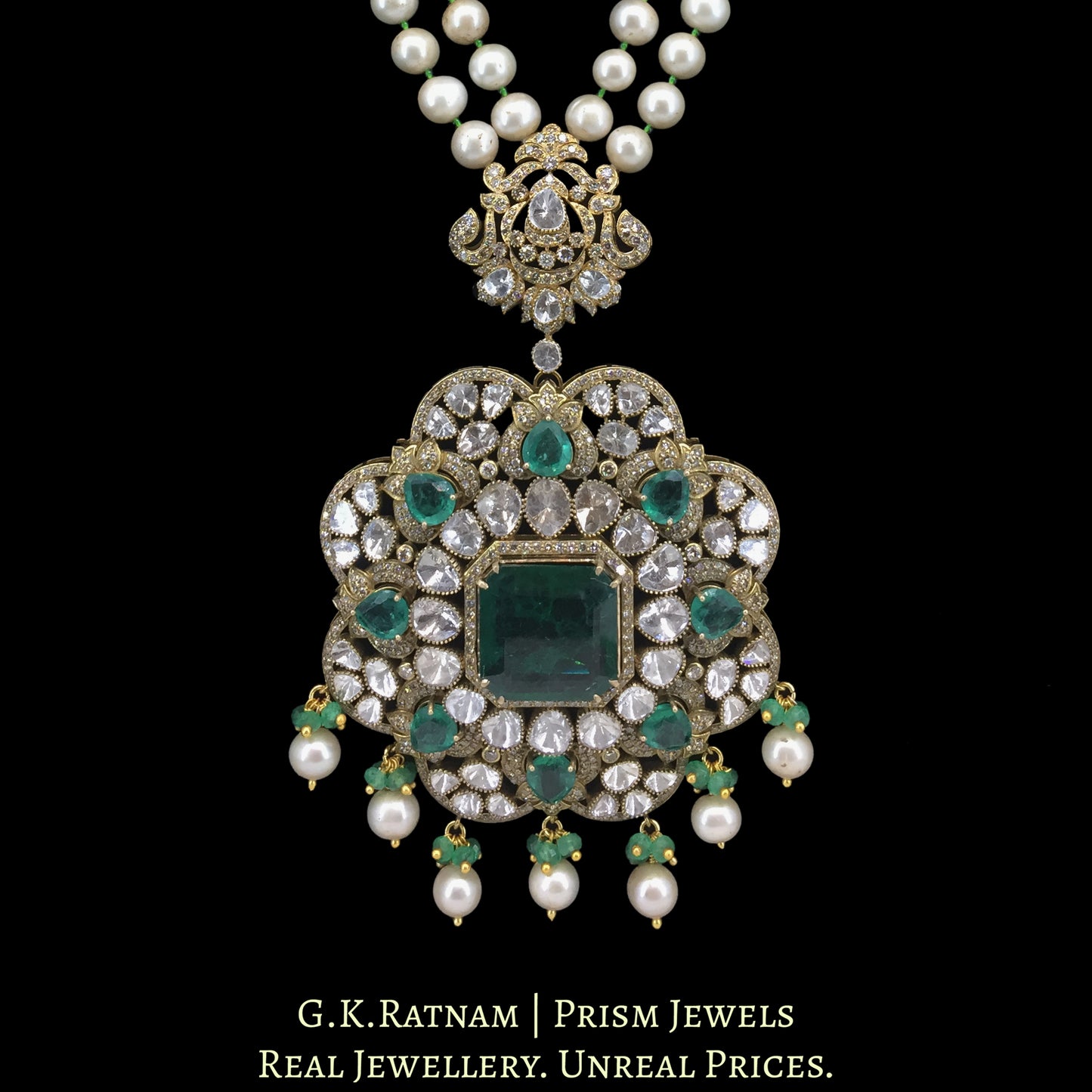 18k Gold and Diamond Polki Open Setting Pendant with Antiqued Hyderabadi Pearls