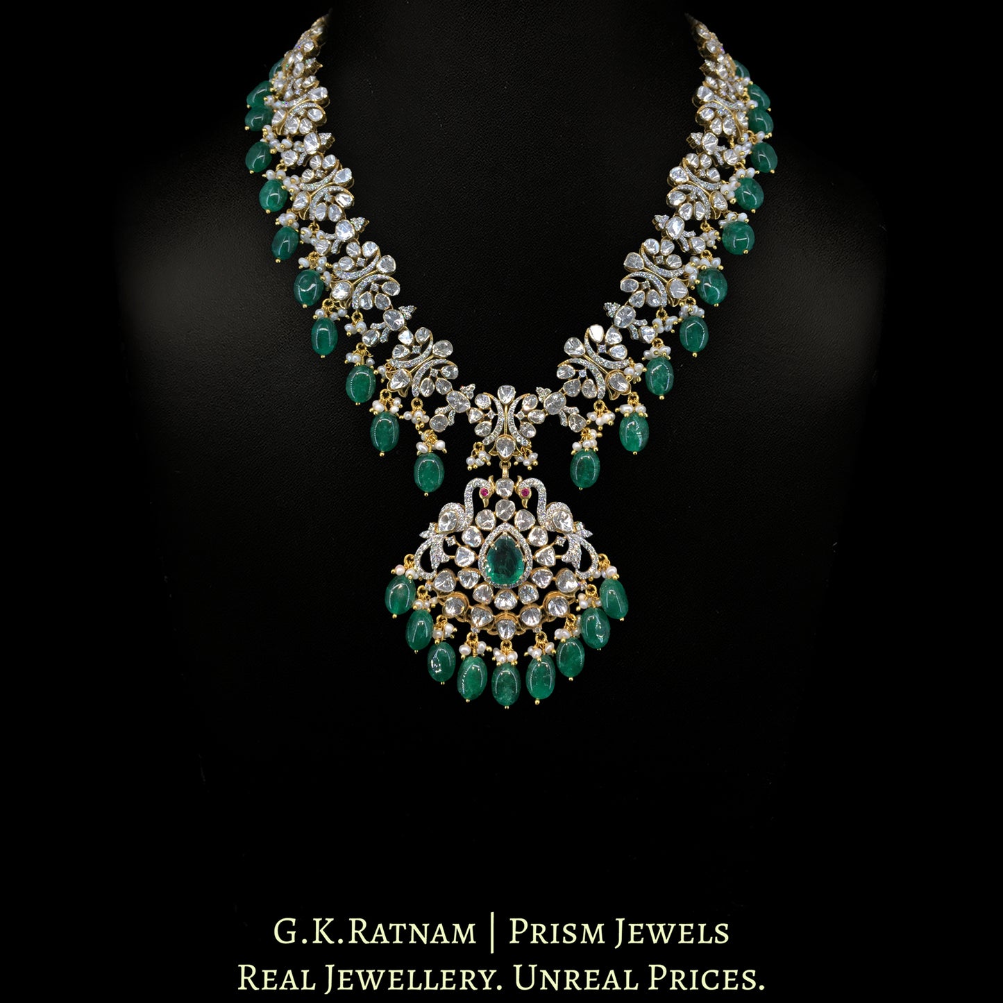 14K Gold And Diamond Polki Open Setting Long Necklace Set With Labgrown Emerald And Strawberry Quartz - G. K. Ratnam