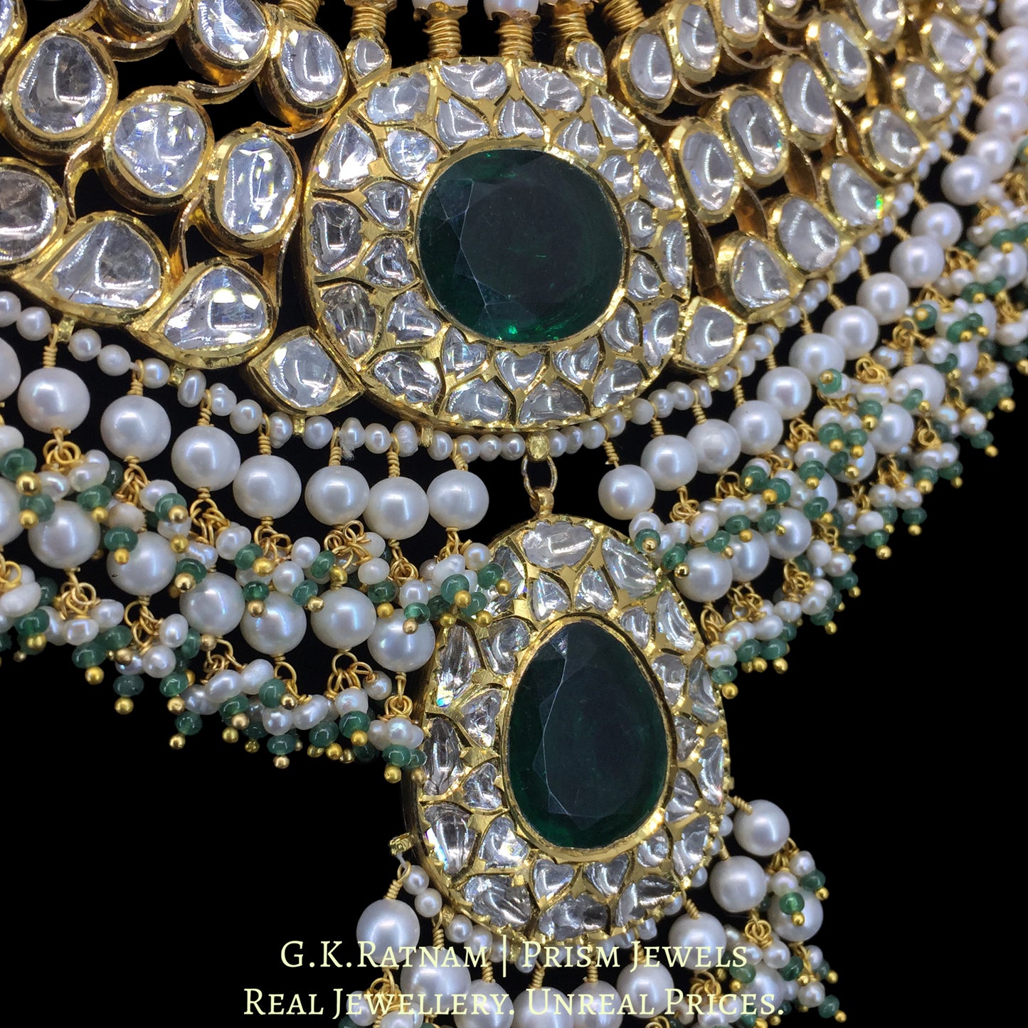 22K Gold And Diamond Polki Necklace With Pearls And Green Stone - G. K. Ratnam