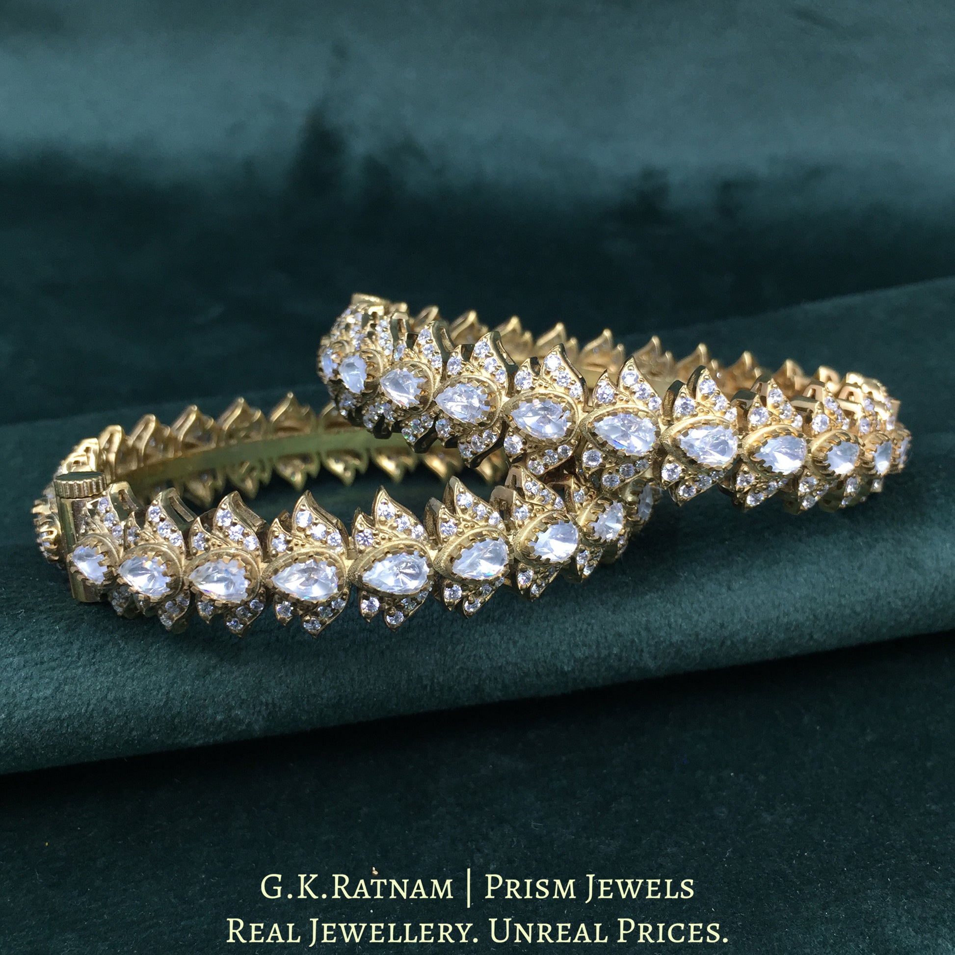 925 Silver Moissanites Polki Bangle Pair With Antique Finish - G. K. Ratnam