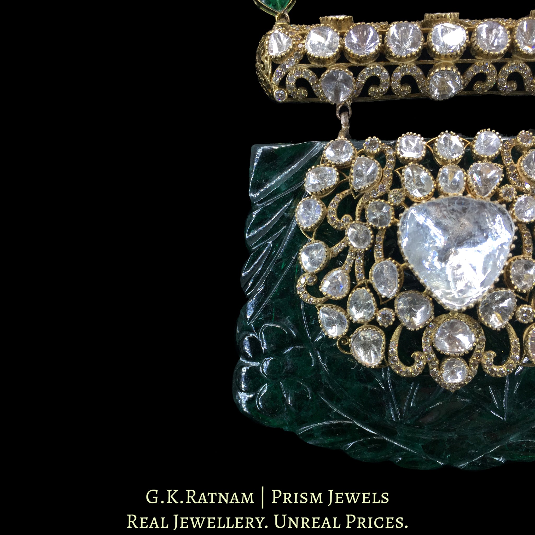 14K Gold and Diamond Polki Open Setting Necklace with hand-carved lab-grown Emerald