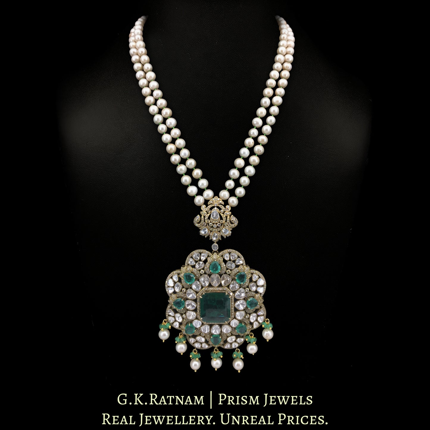 18k Gold and Diamond Polki Open Setting Pendant with Antiqued Hyderabadi Pearls