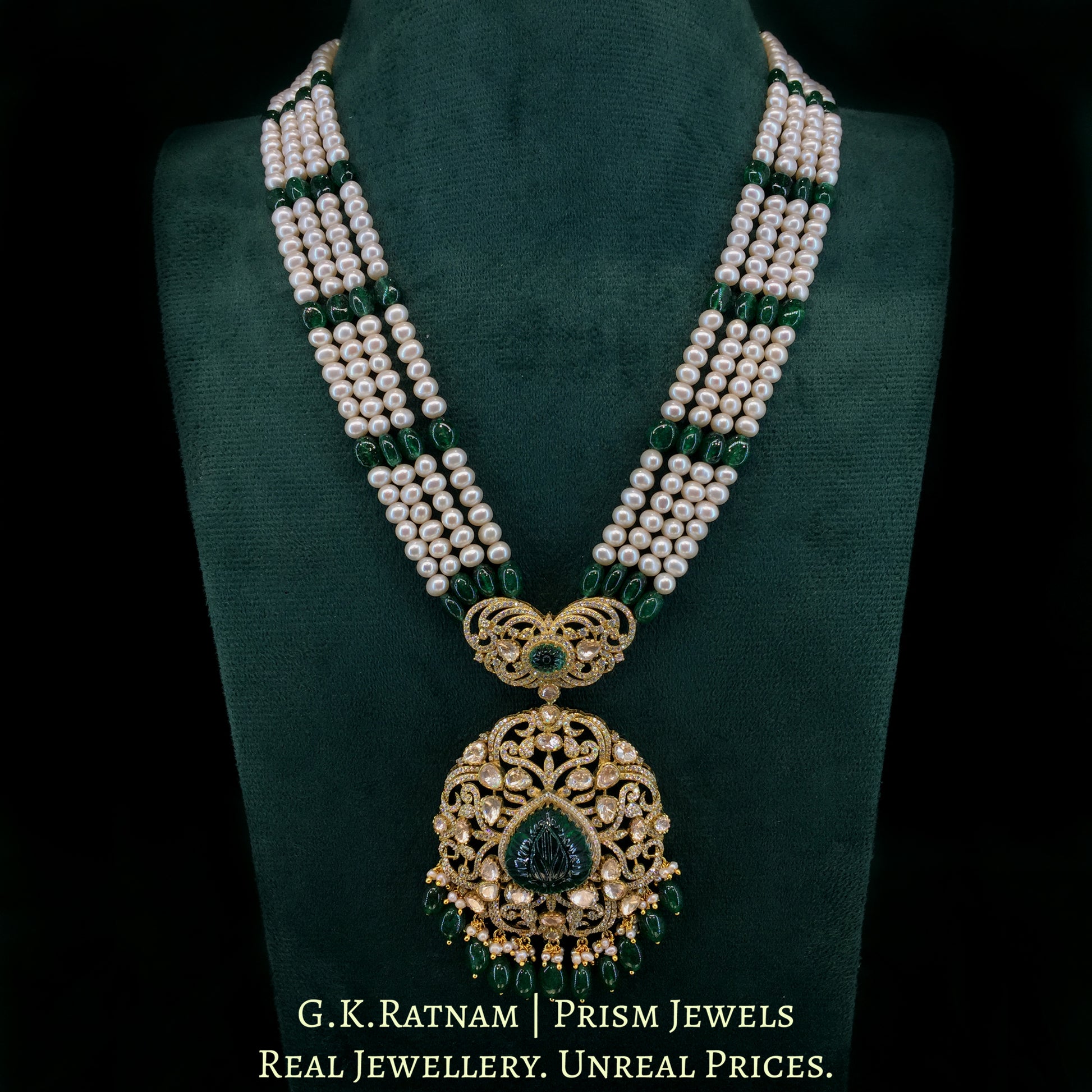 925 Silver Moissanite Polki Pendant Set With Lab-grown Emeralds And Strung In Pearls - G. K. Ratnam