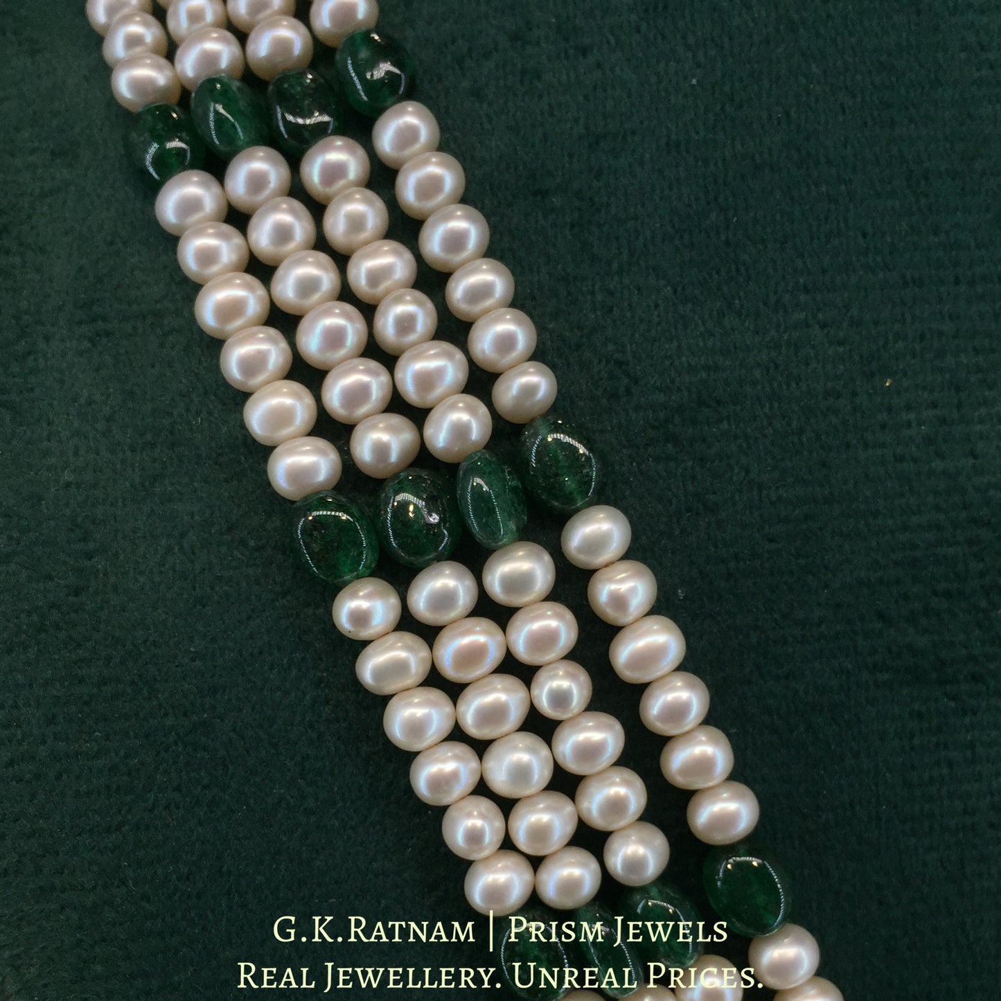 925 Silver Moissanite Polki Pendant Set With Lab-grown Emeralds And Strung In Pearls - G. K. Ratnam