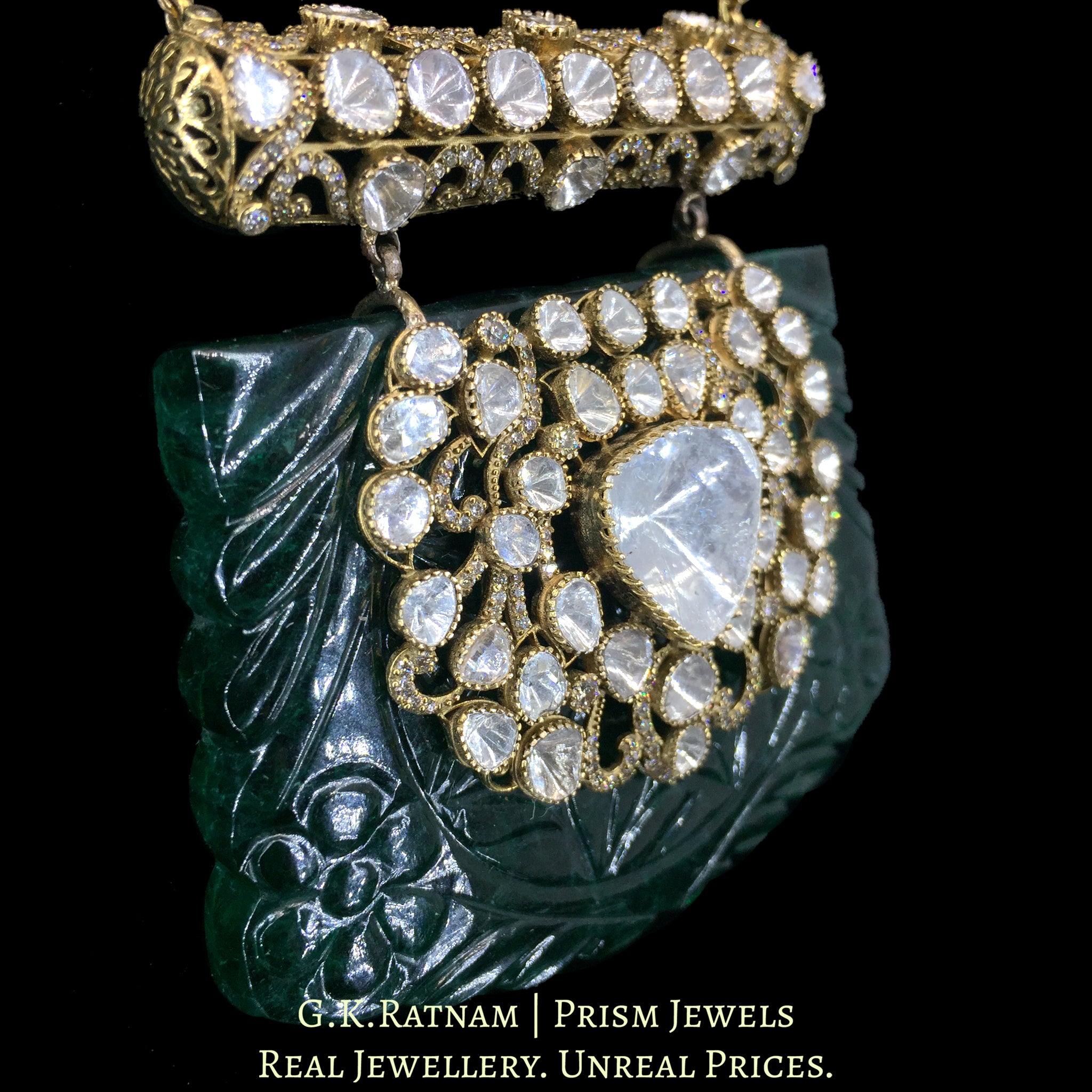 14K Gold and Diamond Polki Open Setting Necklace with hand-carved lab-grown Emerald