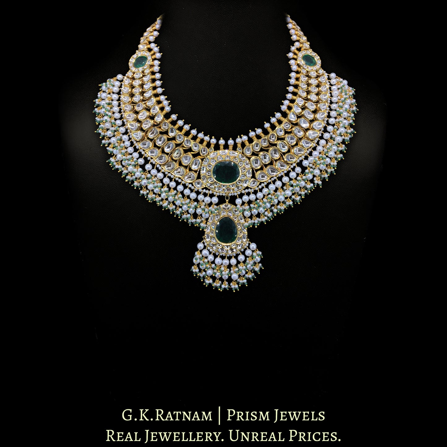 22K Gold And Diamond Polki Necklace With Pearls And Green Stone - G. K. Ratnam