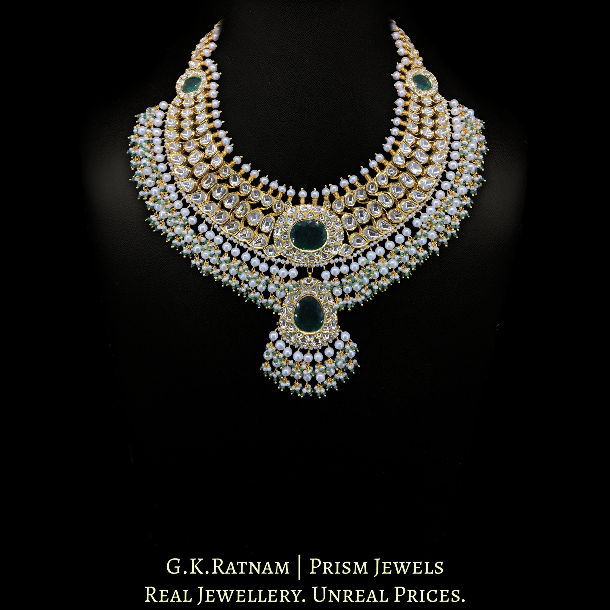 22K Gold And Diamond Polki Necklace With Pearls And Green Stone - G. K. Ratnam