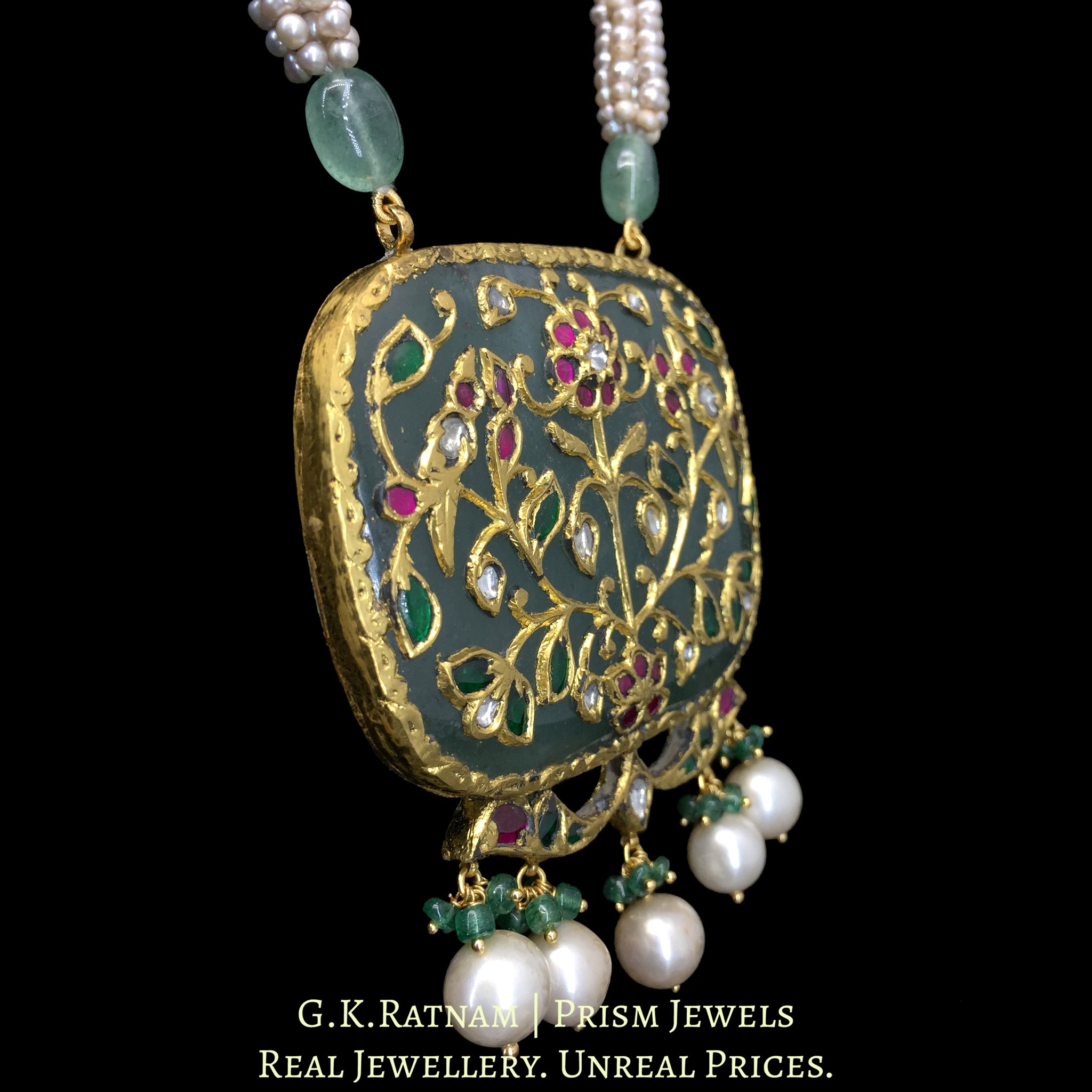 23k Gold and Diamond Polki Holdali Pendant with basra-like Antiqued Hyderabadi Pearls