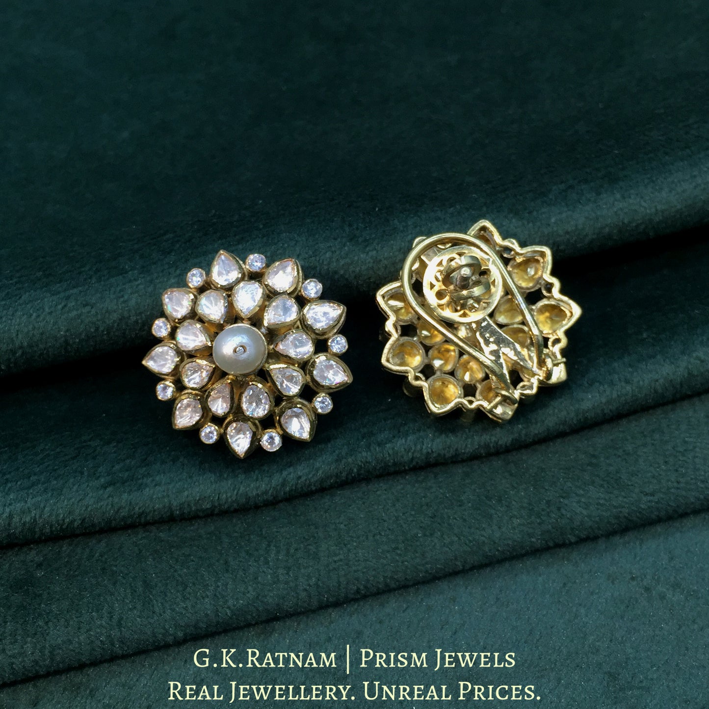 925 Silver and Moissanite Polki Karnfool Earring Pair