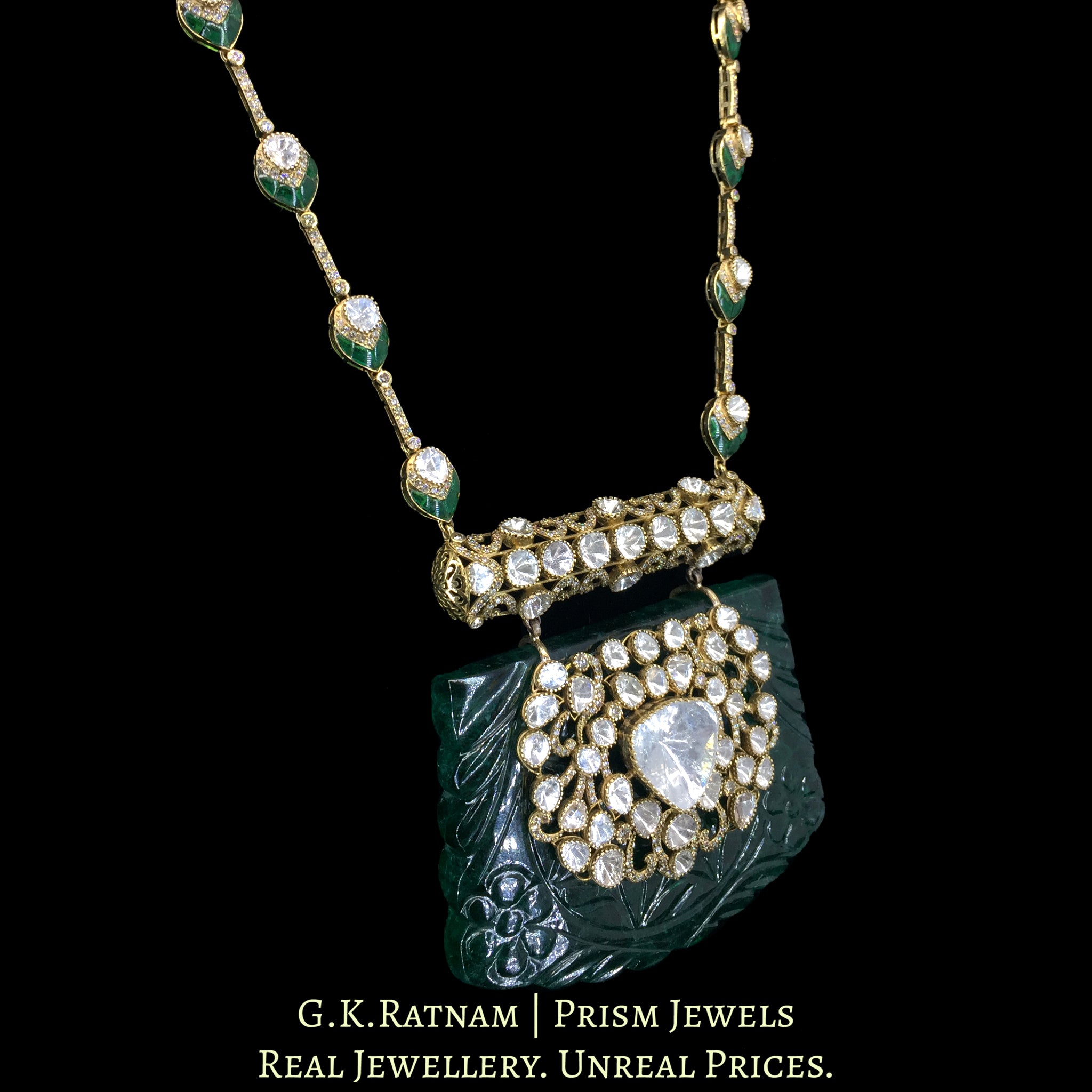 14K Gold and Diamond Polki Open Setting Necklace with hand-carved lab-grown Emerald