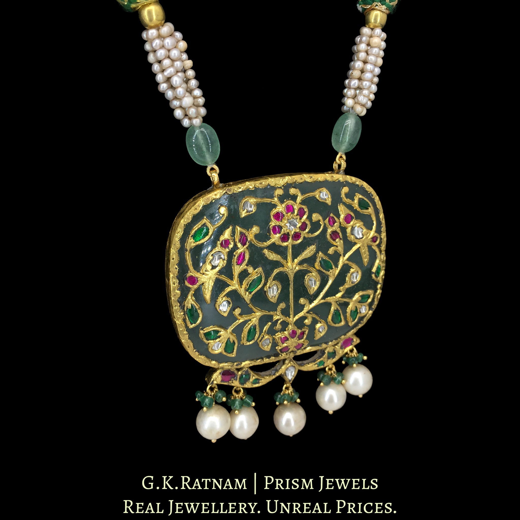 23k Gold and Diamond Polki Holdali Pendant with basra-like Antiqued Hyderabadi Pearls