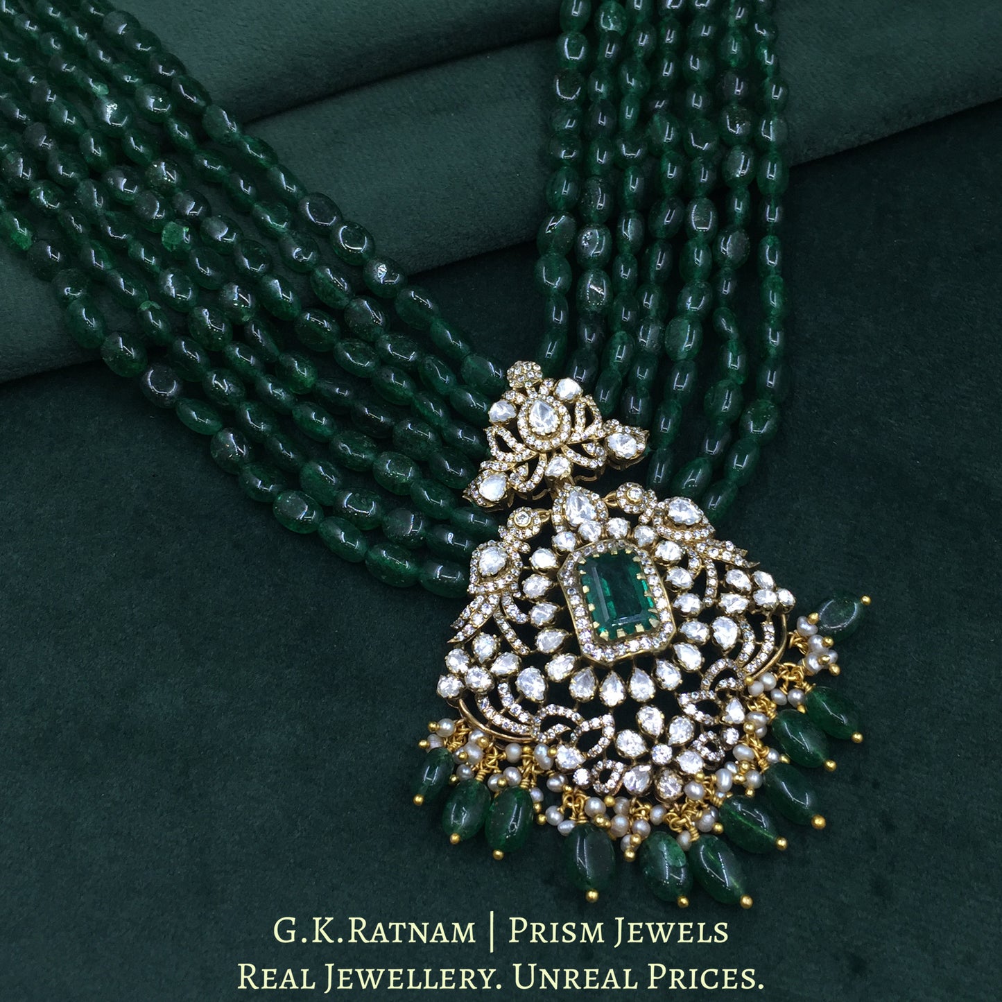 925 Silver Moissanite Polki Pendant Set Strung In Strawberry Quartz - G. K. Ratnam