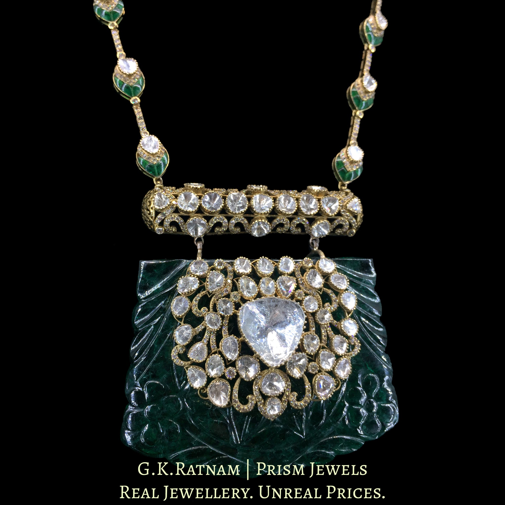 14K Gold and Diamond Polki Open Setting Necklace with hand-carved lab-grown Emerald