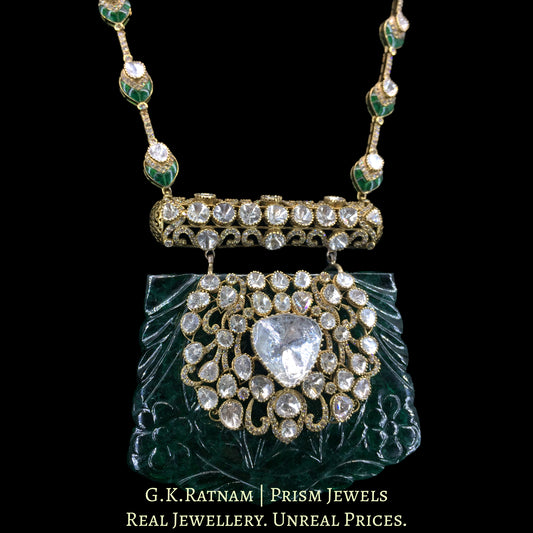 14K Gold and Diamond Polki Open Setting Necklace with hand-carved lab-grown Emerald