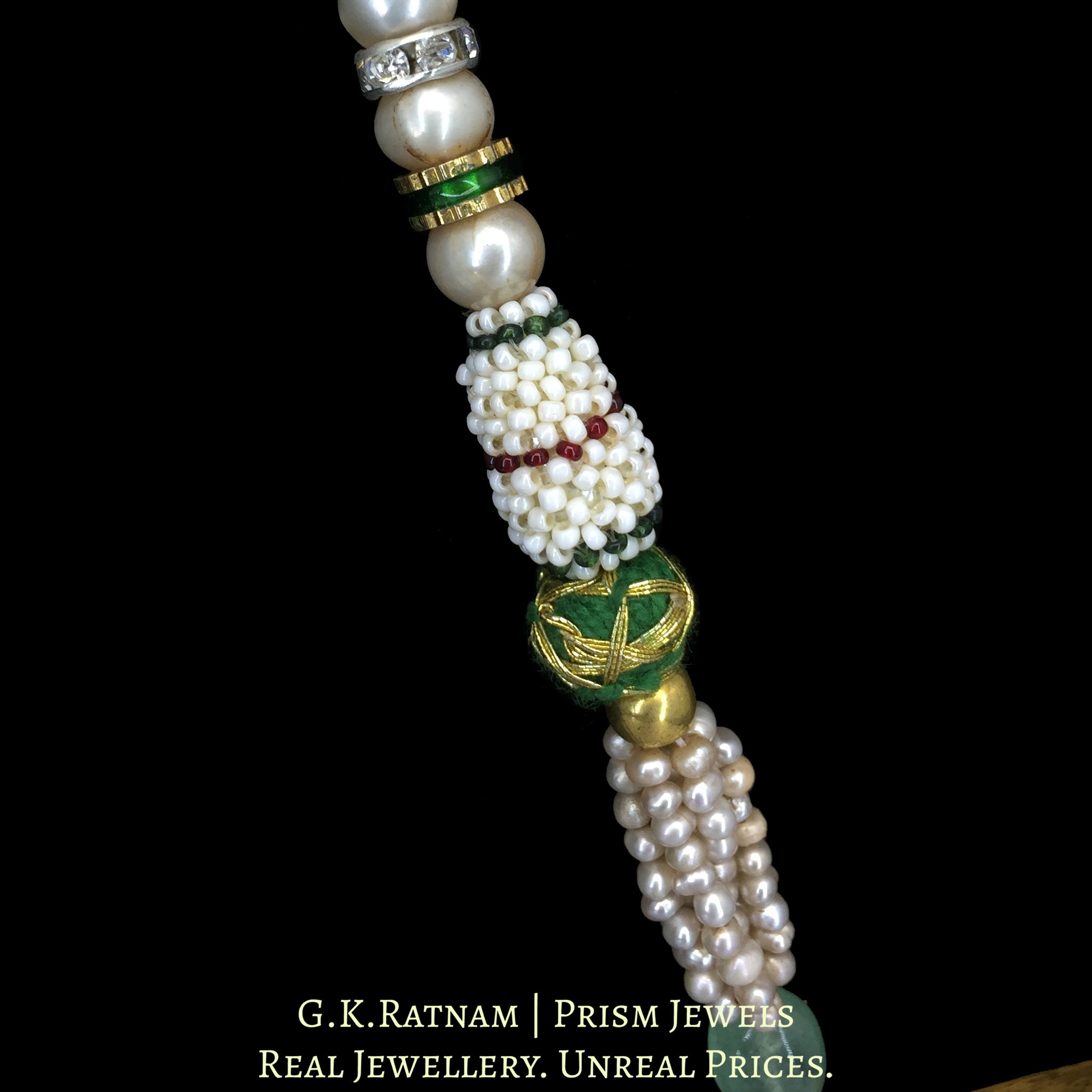 23k Gold and Diamond Polki Holdali Pendant with basra-like Antiqued Hyderabadi Pearls