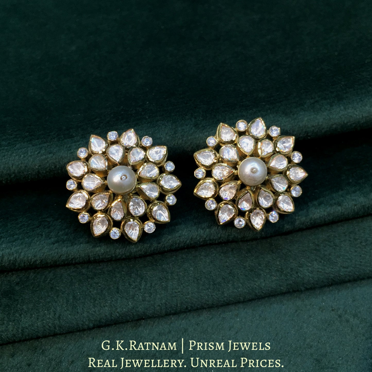925 Silver and Moissanite Polki Karnfool Earring Pair