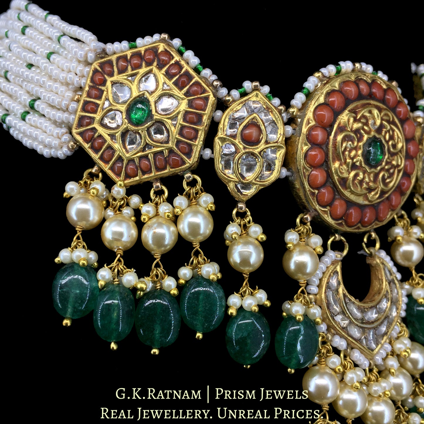 23K Gold And Diamond Polki Choker Necklace With Pearls And Coral - G. K. Ratnam