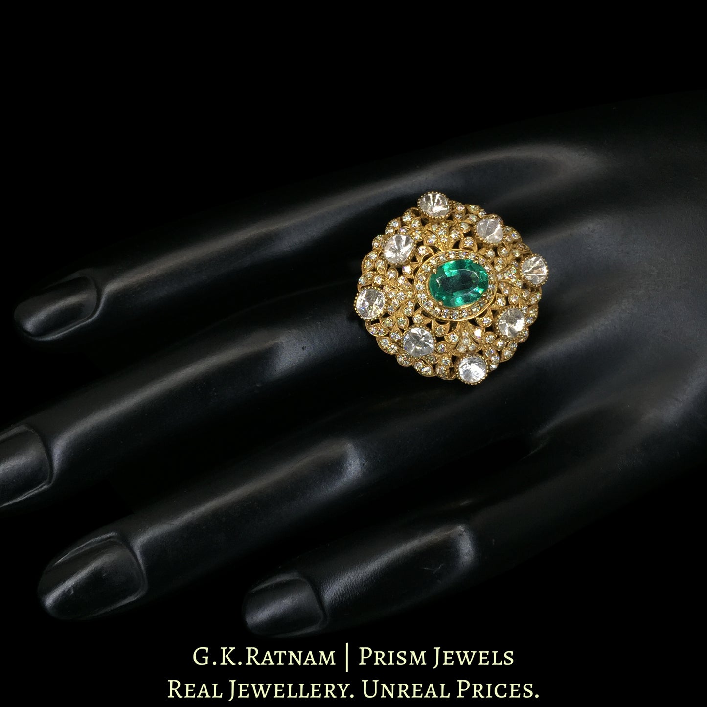 14K Gold And Diamond Polki Open Setting Ring With Lab Grown Emerald - G. K. Ratnam