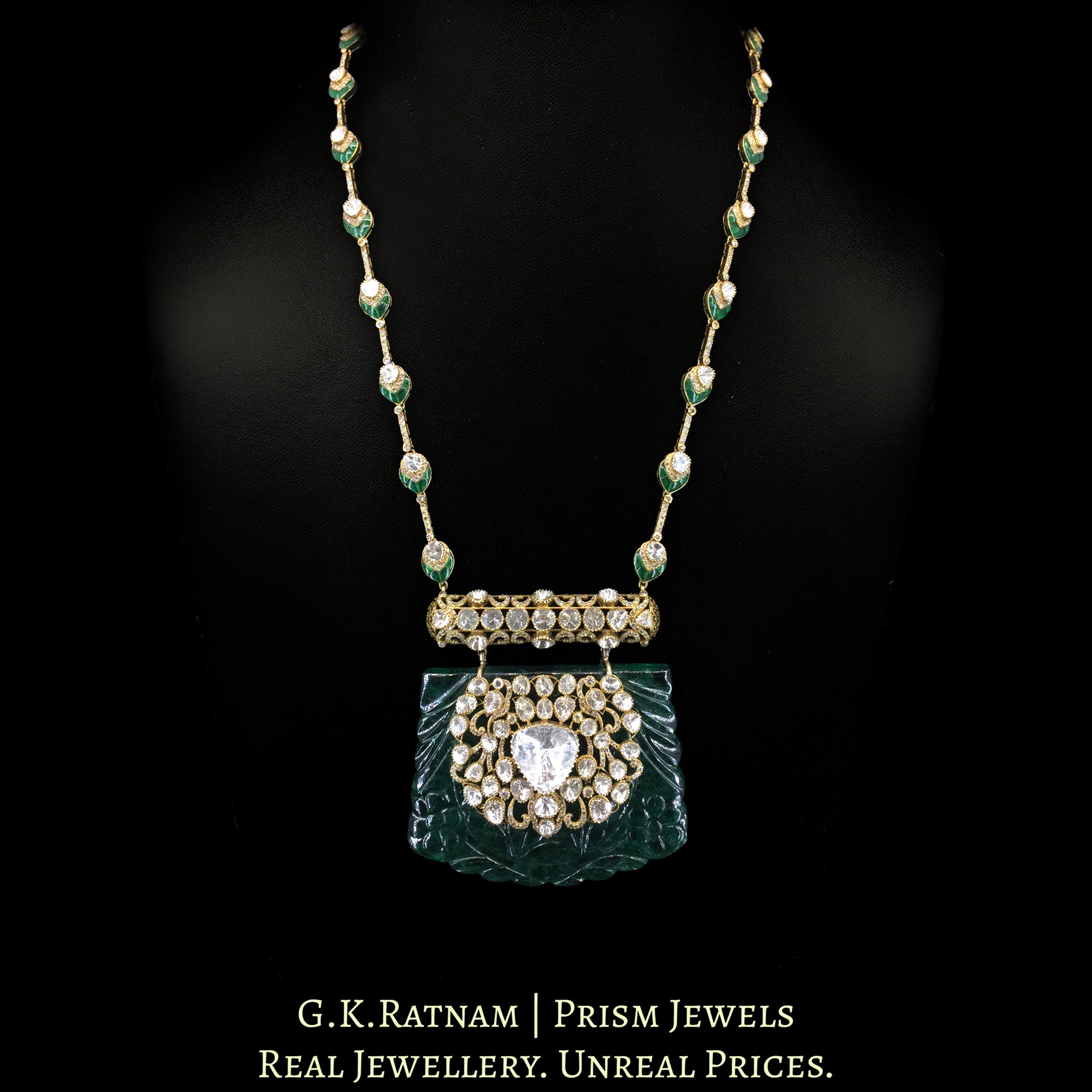 14K Gold and Diamond Polki Open Setting Necklace with hand-carved lab-grown Emerald