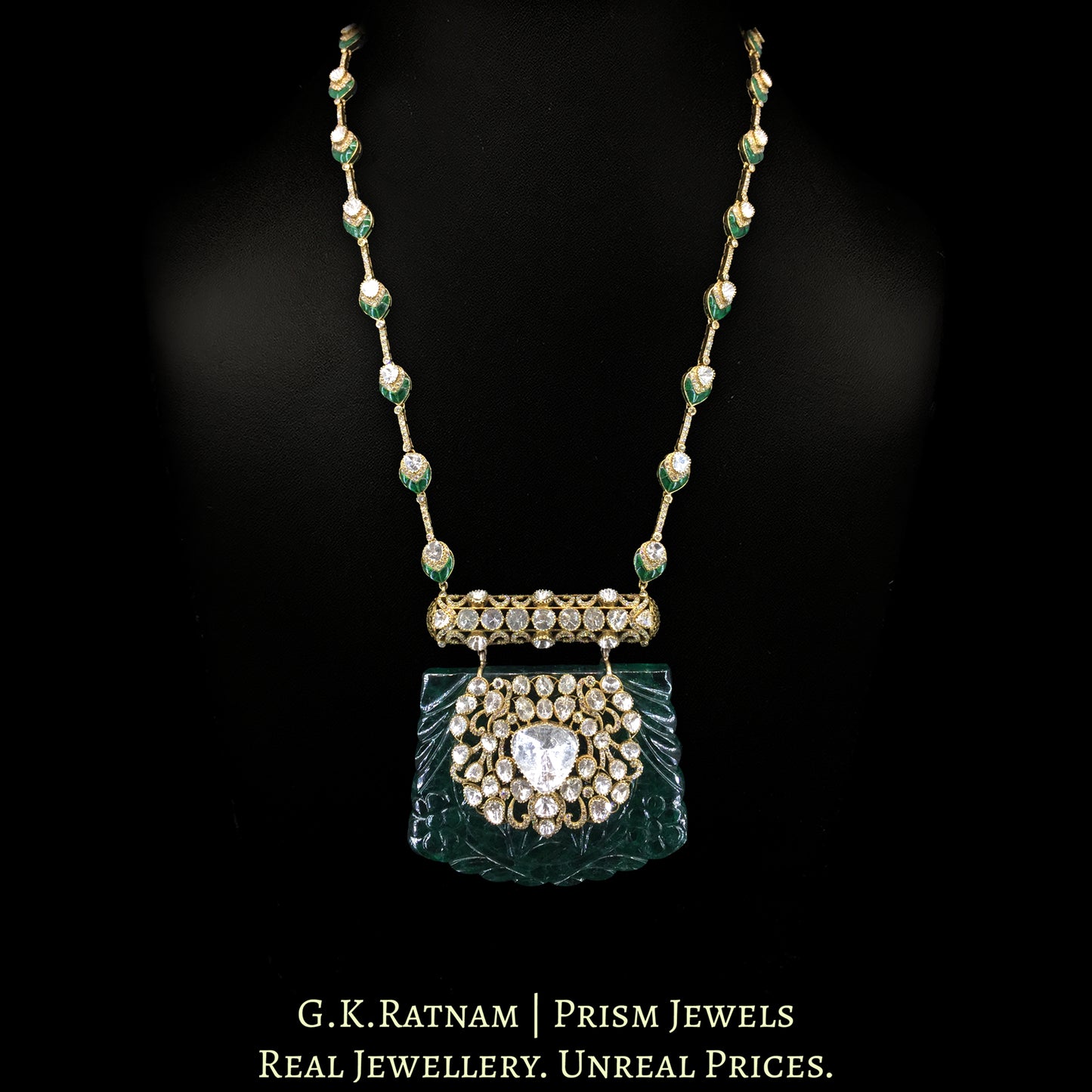 14K Gold and Diamond Polki Open Setting Necklace with hand-carved lab-grown Emerald