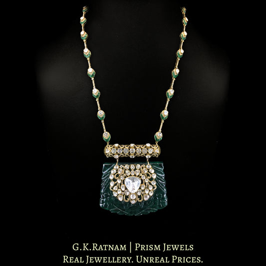 14K Gold and Diamond Polki Open Setting Necklace with hand-carved lab-grown Emerald
